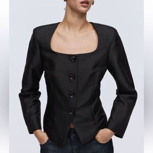 H&M NWT black satin open neck button front cardigan blazer jacket top